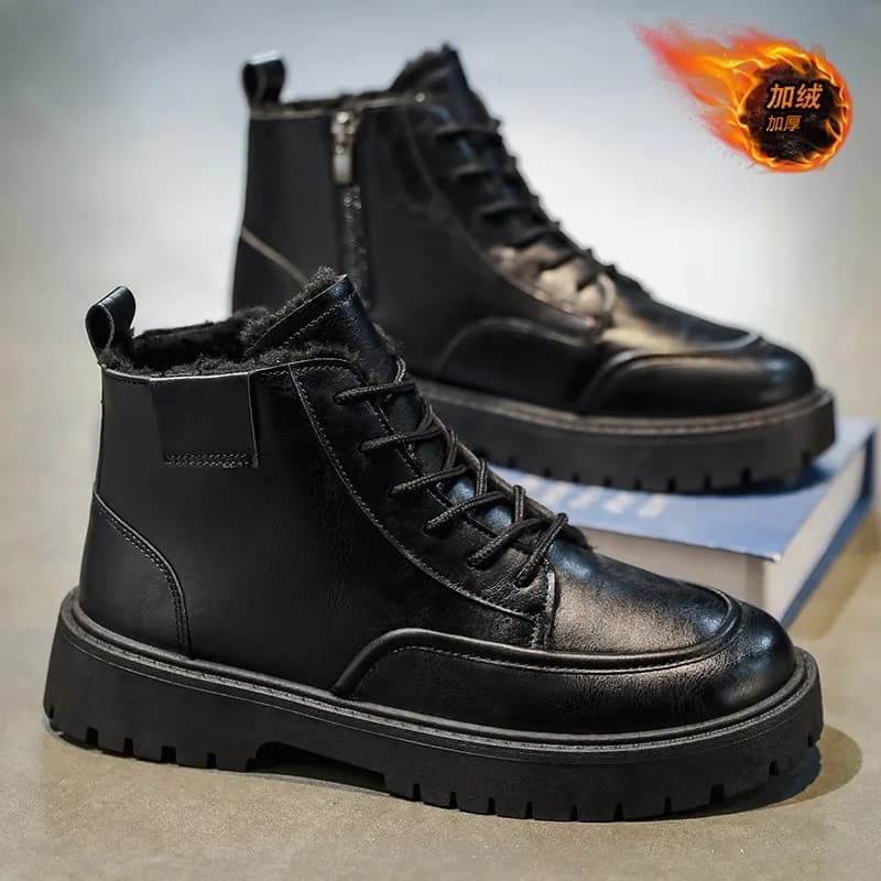 Women's Leather Boots High Winter Boots Black Velvet Anti-slip Boots Wear-resistant short boots with thick sole