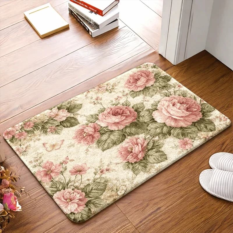1pc, 2pcs, 3pcs Vintage Rose Printed Flannel Doormat, Durable & Stain - Resistant, Machine - Washable. Suitable for Bedroom, Living Room, Bathroom, Kitchen