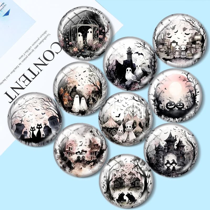 Components for jewelry creation: 12/18/20/25mm glass cabochon with ghost theme Halloween motifs, for bracelets, pendants, rings, earrings and closures for earrings.