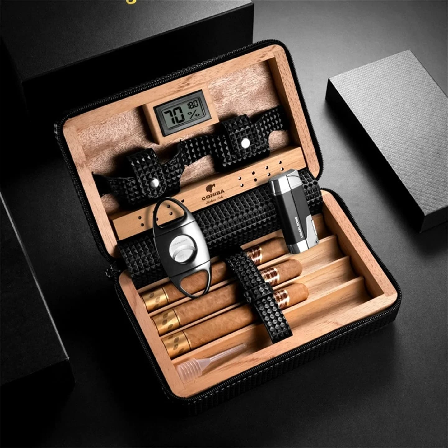 Umidificatore per sigari in pelle di silicone e cedro spagnolo Igrometro incorporato / Umidificatore Scatola regalo per sigari da uomo con cerniera portatile