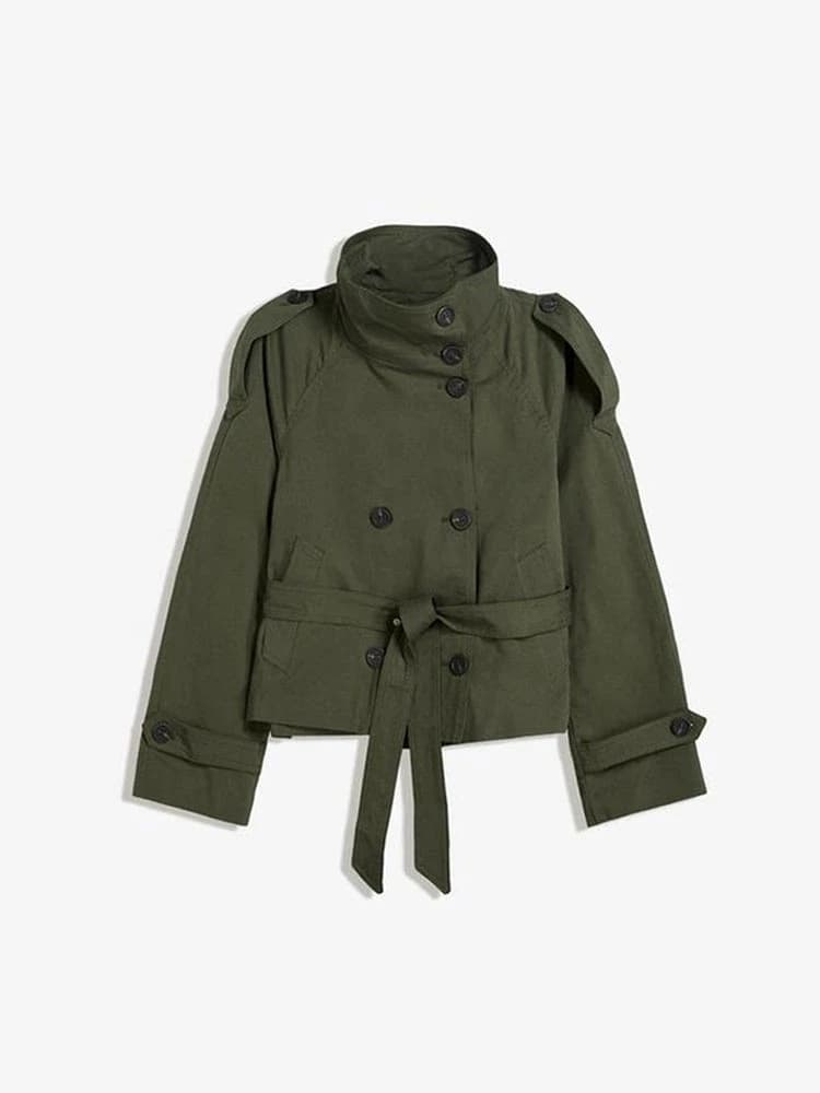 Trench da donna con colletto alla coreana primavera autunno 2025 Nuovo con cintura Giacca doppiopetto Cappotto giacca a vento a maniche lunghe High Street