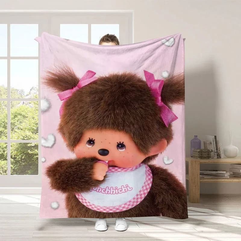 Cartoon Monchhichi Thickened Double-sided Flannel Throw Blanket Soft Warm Single Size Nap Cover Blanket for Office Break Daily