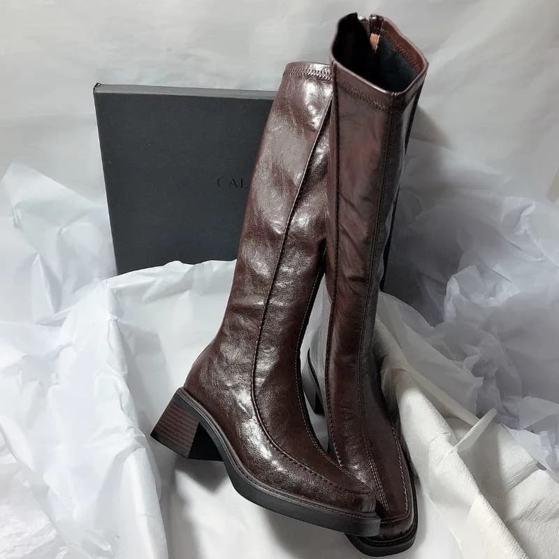 Nuovi stivali elasticizzati skinny con tacco largo e punta quadrata Stivali alla moda versatili con tacco alto al ginocchio