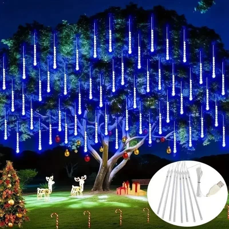 Luci a Cascata Effetto Pioggia di Meteore, 8 Tubi, Impermeabili, 30cm, Luci LED a Stringa, Decorazioni Natalizie, per Giardino, Alberi, Matrimoni e Feste