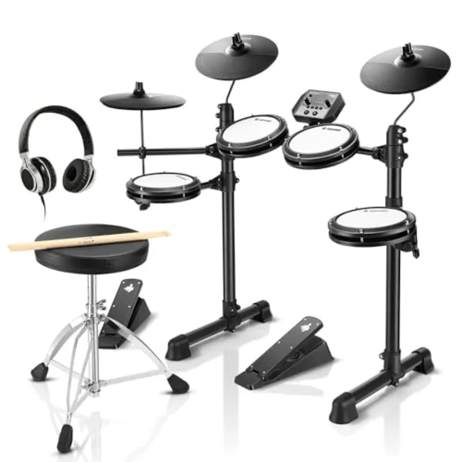 Set di Batteria Elettronica con 4 Pad in Mesh Silenziosi Neri, Oltre 180 Suoni, 2 Pedali, Sgabello, Cuffie, Bacchette e Lezioni di Melodica
