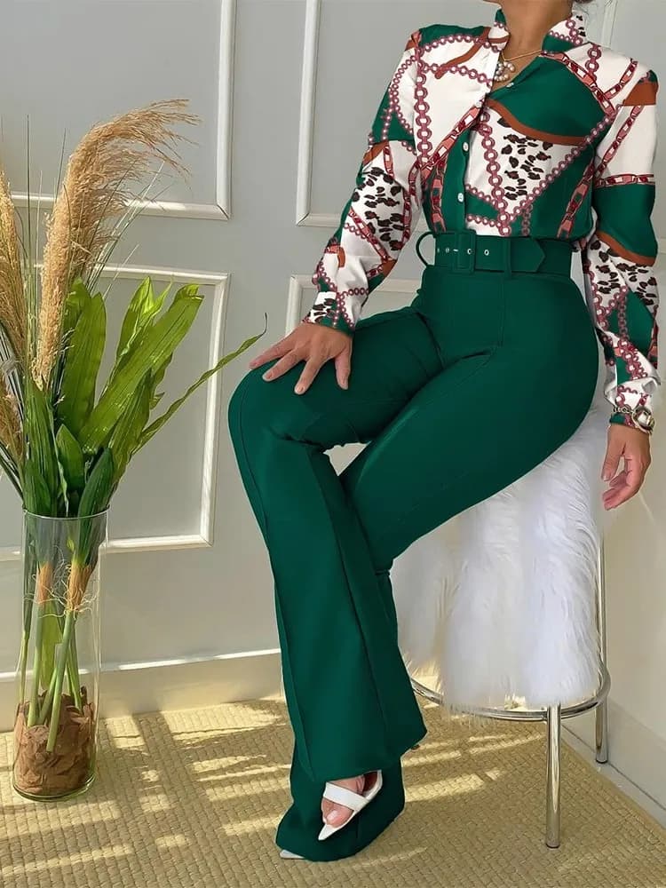 Set da due pezzi da donna casual Autunno/inverno Moda stampa floreale Camicia a maniche lunghe con collo alto e pantaloni a gamba larga Set da 2 pezzi con cinture
