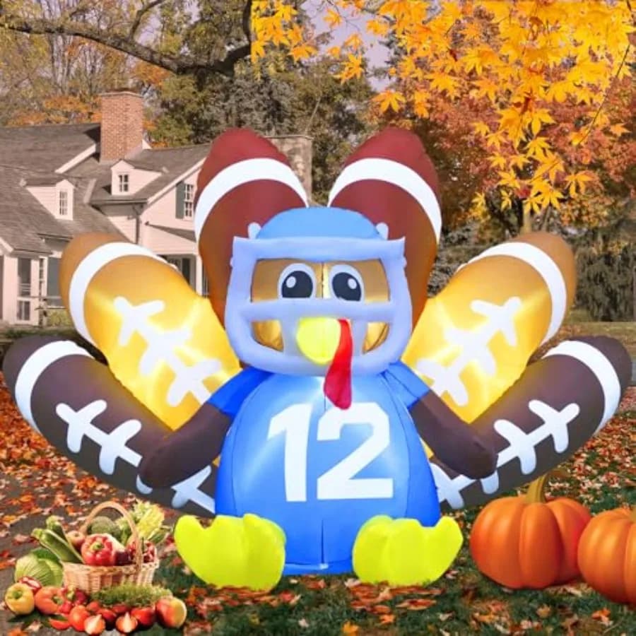 8FT Long Thanksgiving Inflatables Turkey Decorations, Blow up Turkey Inflatable with Built-in Led Lights, Football Inflatable T