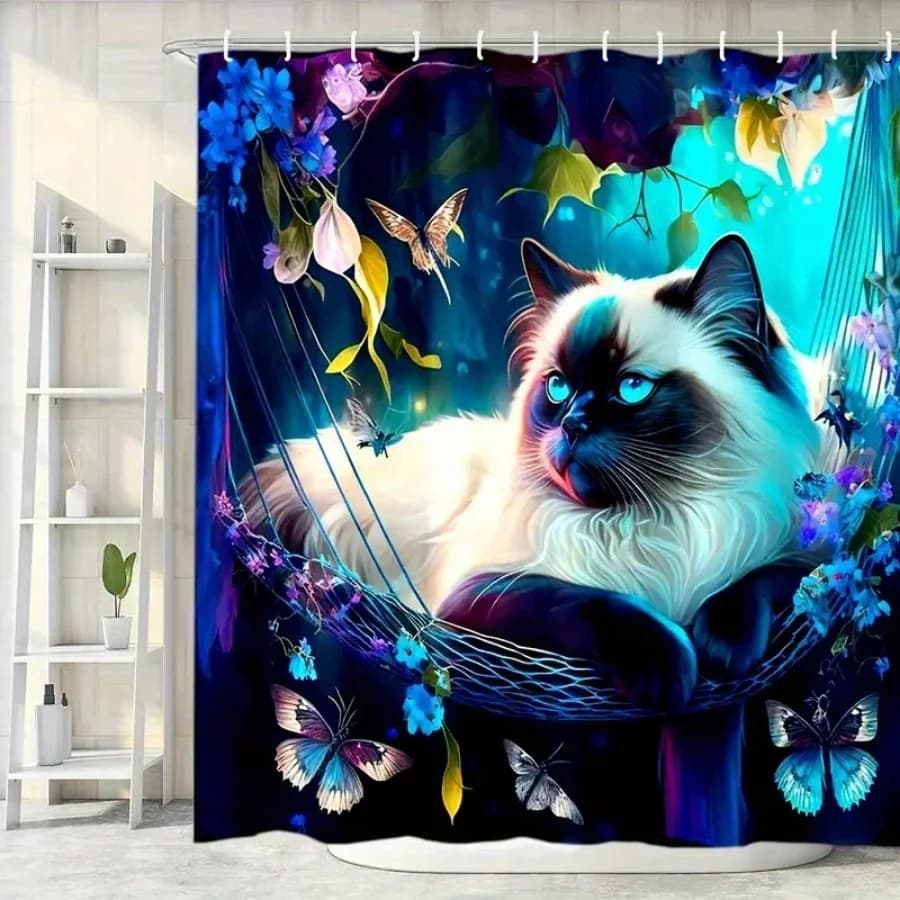 Tenda da doccia 1 pezzo con gatto con farfalle e fiori - Decorazione da bagno in poliestere lavabile in lavatrice, design artistico a tema animale con