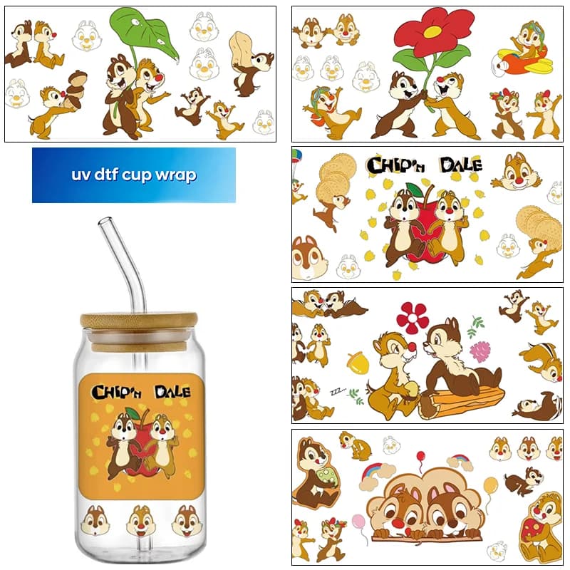 popular Squirrel Brothers design transfer Stickers Waterproof UV DTF Wraps Sticker DIY 3D cup Wrap For 16oz Libbey Glass