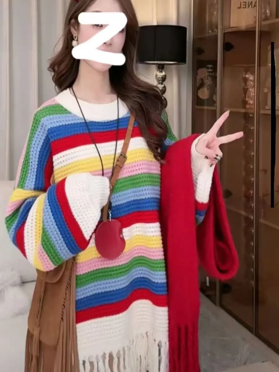 Nappa arcobaleno a righe scava fuori maglione lavorato a maglia maglioni da donna manica lunga casual coreano maglieria allentata pullover primavera 2026