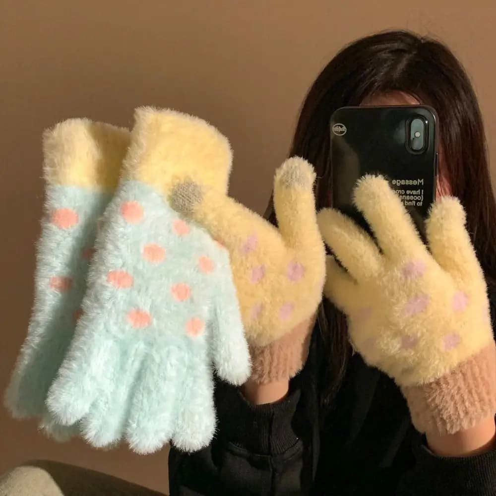 Kawaii Furry Knitted Gloves Polka Dot Touchscreen Five-Finger Gloves Thickened Wool Knit Warm Gloves Winter