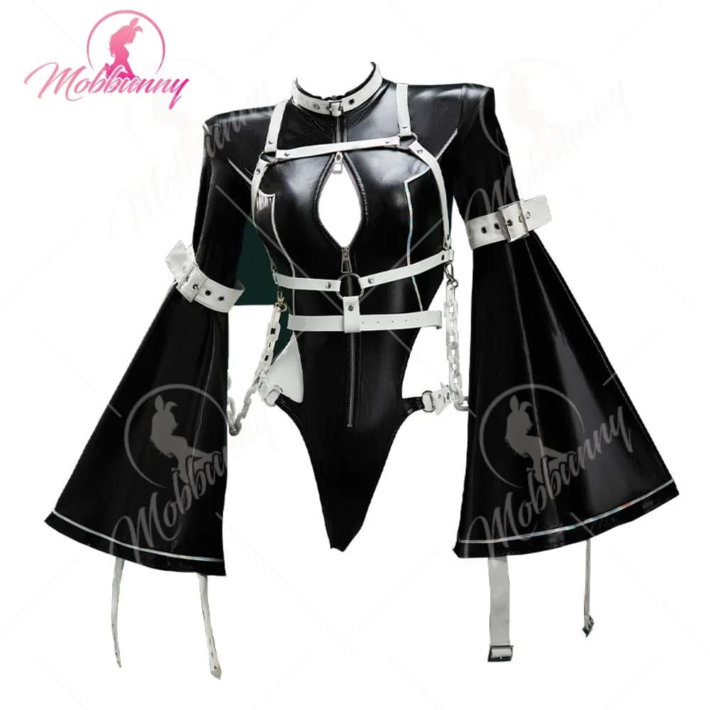Mobbunny Women C.C. Derivative Sexy Black Jumpsuit Bodysuit Lingerie Hollow Strap Bodysuit with Long Stockings Halloween Costume