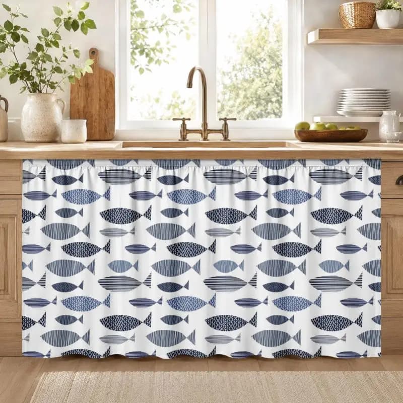 VIKAMA Abstract Marine Fish Hook and Loop Under Sink Skirt No Drill Kitchen Sink Bathroom Vanity Laundry Cabinet Decor Curtain