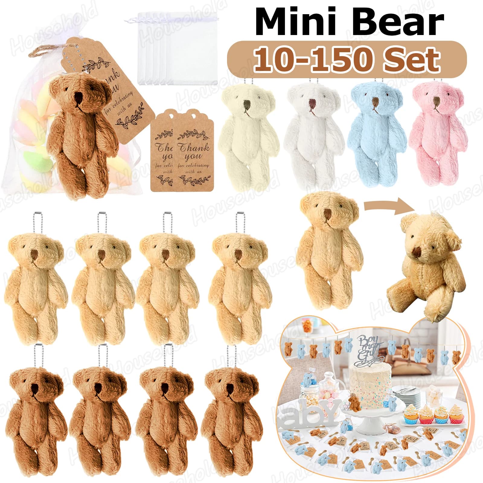 10-150Set Mini Orso Baby Shower Bomboniere 6 cm Giunto Farcito Piccoli Orsi Portachiavi per Torta di Compleanno Matrimonio Mini Regali