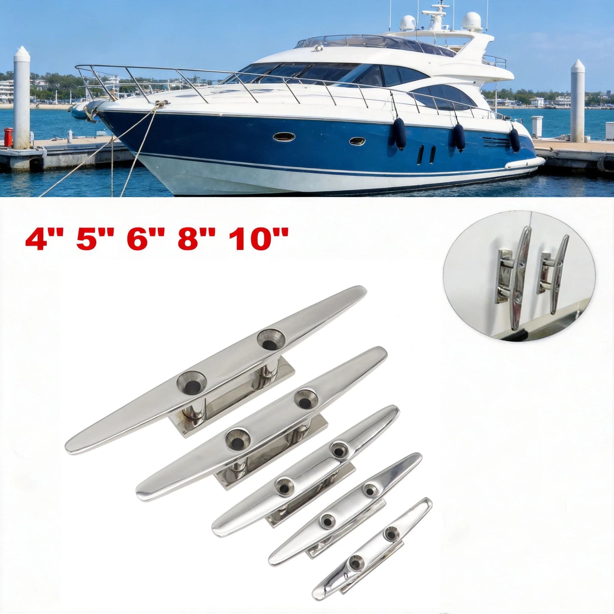2PC 4/5/6/8/10 inch Boat Mooring Cleat Stainless Boat Cleat 316 Stainless Steel Dock Deck Rope Cleat Marine Hollow Base Cleats
