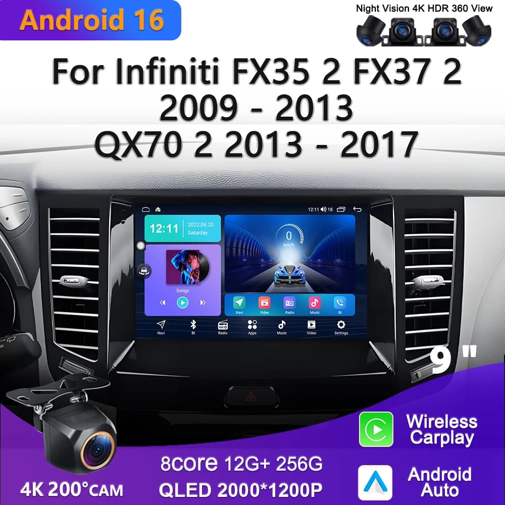 Schermo Incell 2K Android 14 per INFINITI FX35 FX37 2013 + schermo CPU ad alte prestazioni lettore multimediale navigazione GPS 5G wifi