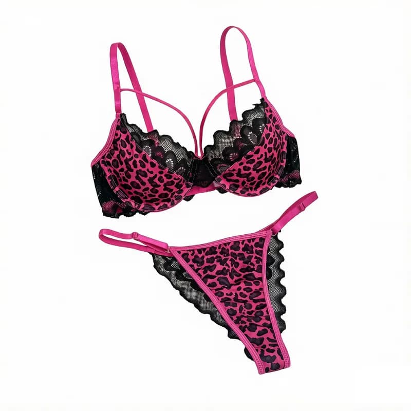 Women Leopard Print Lingerie Set Lace Deep V Underwire Bra & Thong Set Sexy Pink Leopard Intimate Sleepwear S‑XL