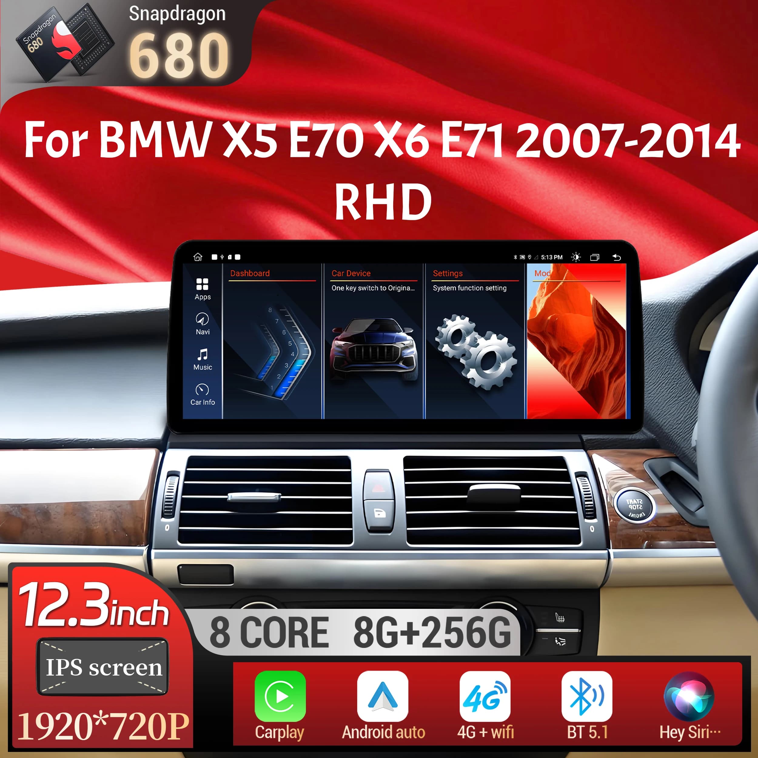 12.3 pollici Guida a destra Android 13 per BMW X5 E70 X6 E71 2007-2014 Autoradio Wireless BT Carplay Snapdragon 680 Touch Screen