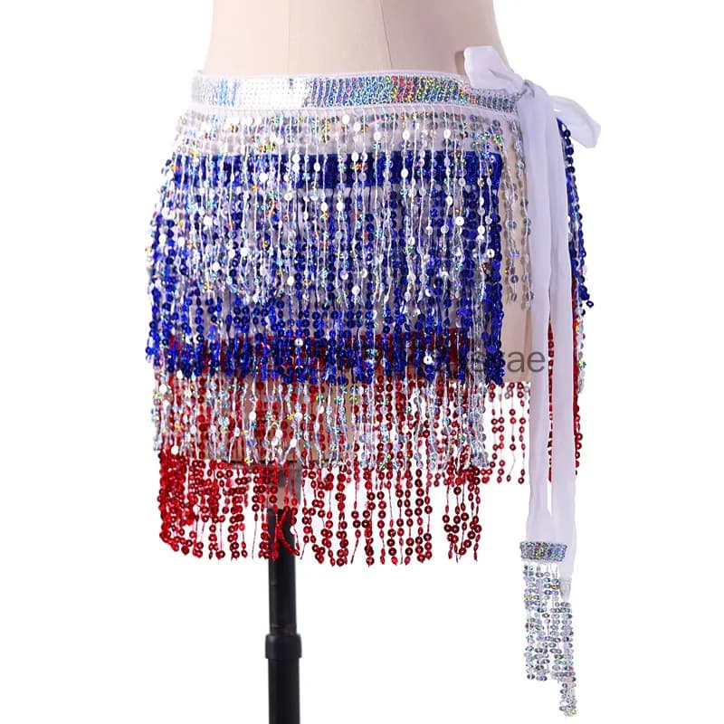 Fascia da fianco a 4 strati con onde, per donna, costume da danza del ventre, con frange scintillanti e paillettes, minigonna avvolgente, cintura colorata