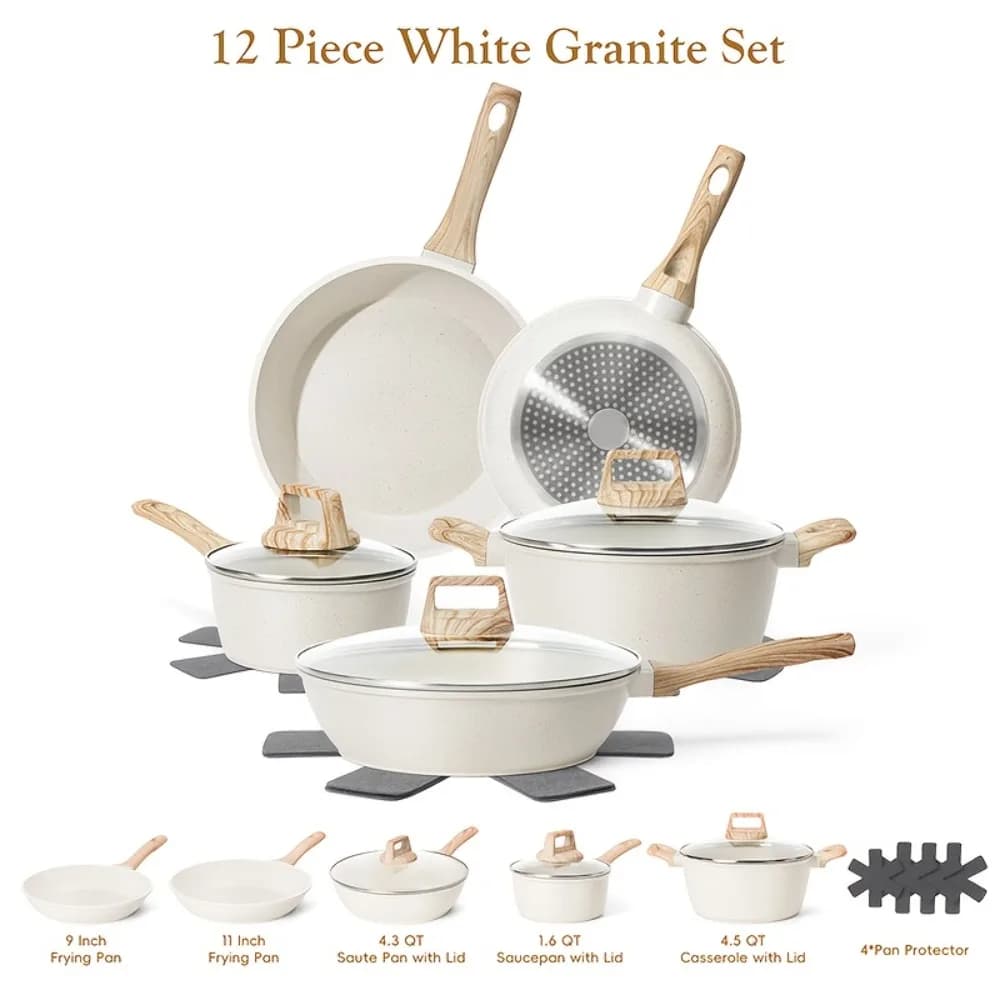 Set di Pentole in Granito Antiaderente da 12 Pezzi, Kit Completo con Padelle, Casseruola, Pentolino e Coperchi Compatibili