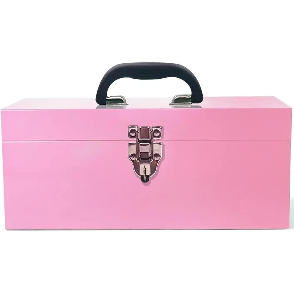 16 Inch Portable Tool Box Large Tool Box 18 Gauge Fishing Tool Box Drawer Organizer with Closure and Metal Handle Pink