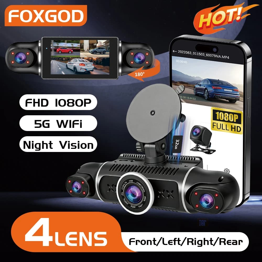 DashCam For Car DVR Video Recorder 4 Channels 360° WIFI Front Rotatable Camera 24Hour Parking Monitor 32G Dash Cam Night Vision