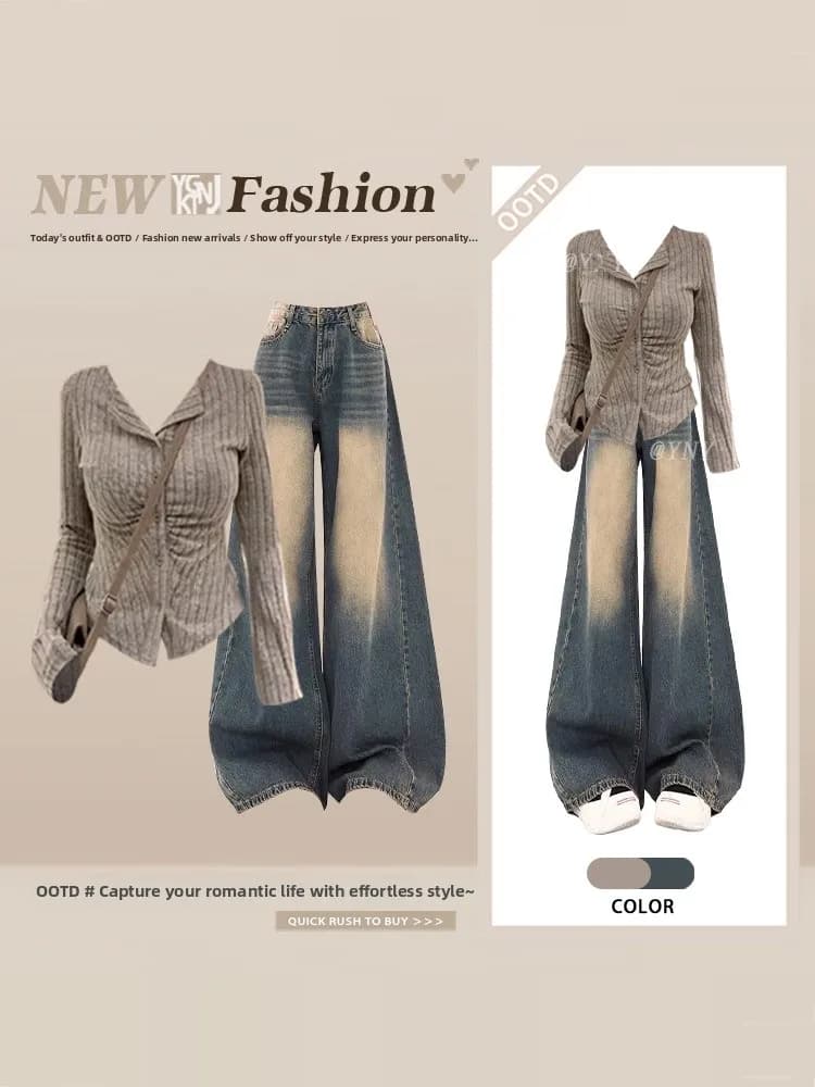 Fashionable Wide Leg Denim Jeans Set with Long Sleeve Top High Waist Knot Striped Spring Outfit for Women