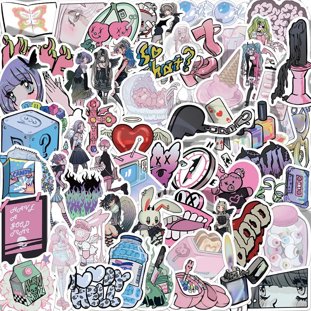 63Pcs Cool Cartoon Girl Graffiti Personality Trend Guitar Decoration Water Cup Notebook Computer Suitcase Sticker