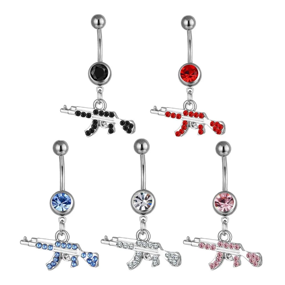 Gun Pendant Navel Rings For Women Silver Color Red Pink Black Blue Rhinestone Bikini Belly Button Nail Body Piercings Jewelry