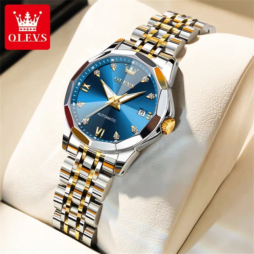 OLEVS Women's Watches Trend Elegant Sparkling Shining Diamond Scale Original Automatic Mechanical Wristwatch for Lady Waterproof
