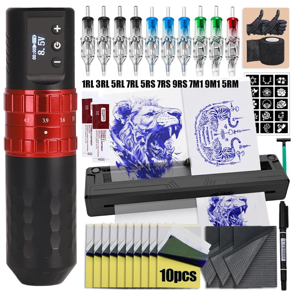 Kit Macchina per Tatuaggi Wireless con Penna e Stampante Bluetooth per Trasferimento Disegni - Set Completo per Forniture Tattoo