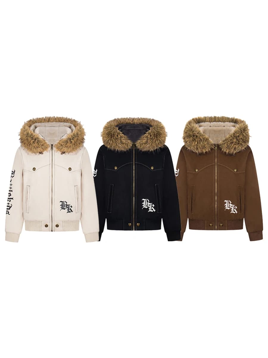 TR BRUSHSHIFT Giacca Corta in Cotone Stile Americano Streetwear, Foderata in Pile Spesso con Grande Collo in Pelliccia, Cappotto Casual Giovanile