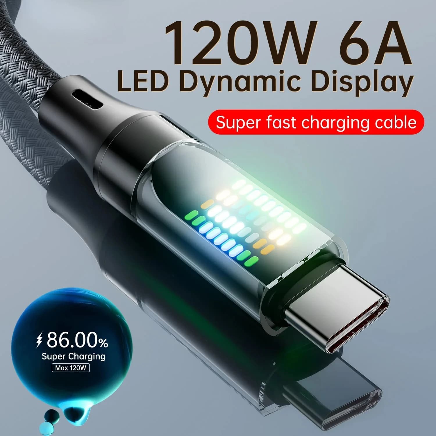 Cavo di ricarica rapido tipo C da 120 W Cavo dati in nylon da USB a tipo C da 6 A per Xiaomi Samsung con cavo USB C con display a LED