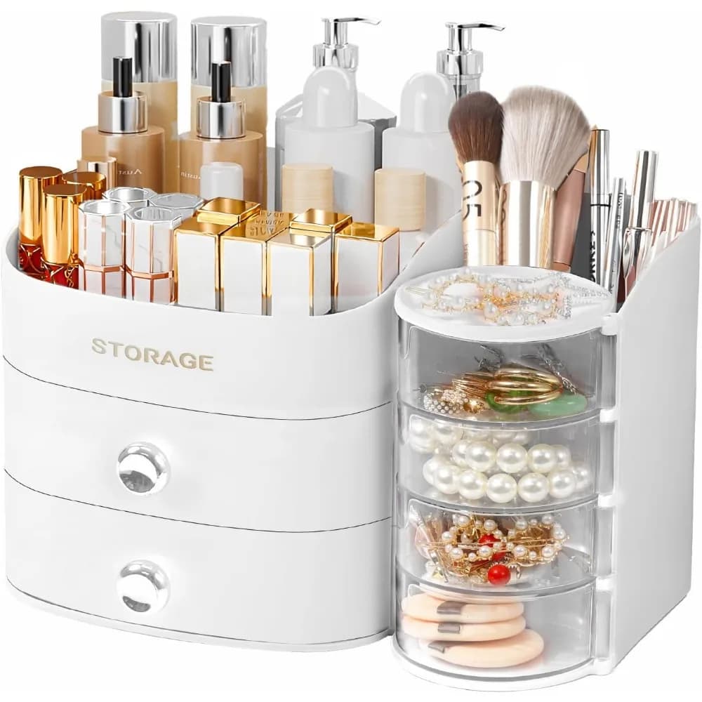 Organizzatore da banco per trucchi e cosmetici con cassetti per il bagno, porta pennelli, porta rossetti, porta gioielli, bianco