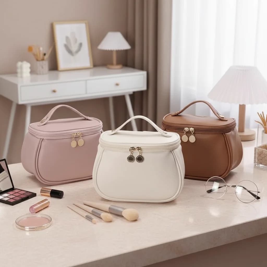 Borsa per il trucco da viaggio portatile in pelle PU da donna, organizer cosmetico portatile impermeabile per viaggi e uso quotidiano