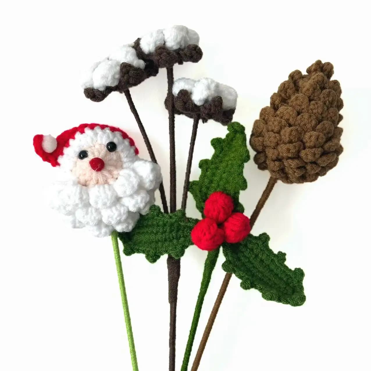 Hand Knitted Christmas Ornaments Flowers, Holiday Crochet Decorations, Handmade Yarn Santa Claus Pinecone Holly Berries Flower