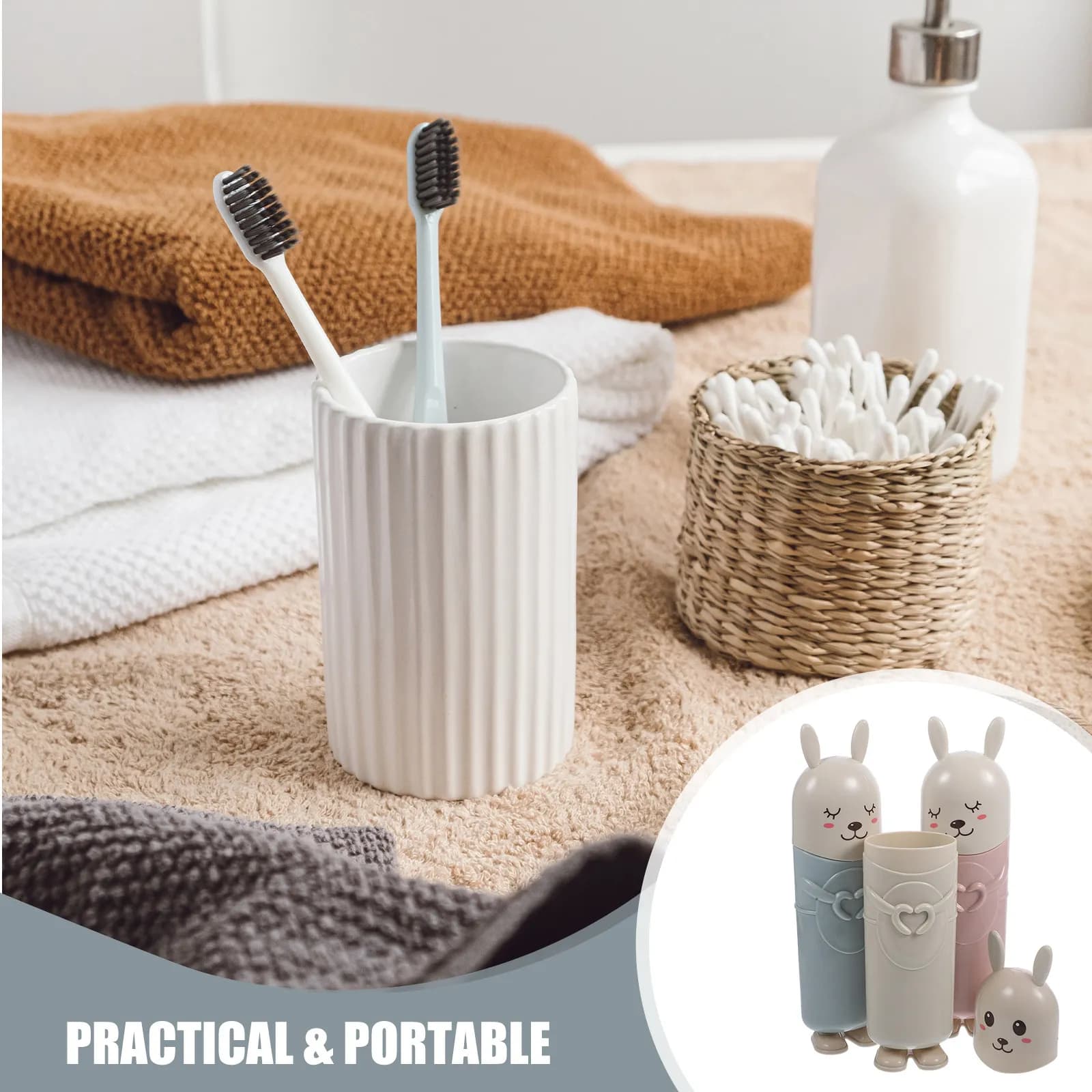 Set di 3 Portaspazzolini a Forma di Animale Cartoon, Porta Spazzolino da Viaggio Portatile, Bicchiere per Collutorio, Accessori per l'Igiene Orale