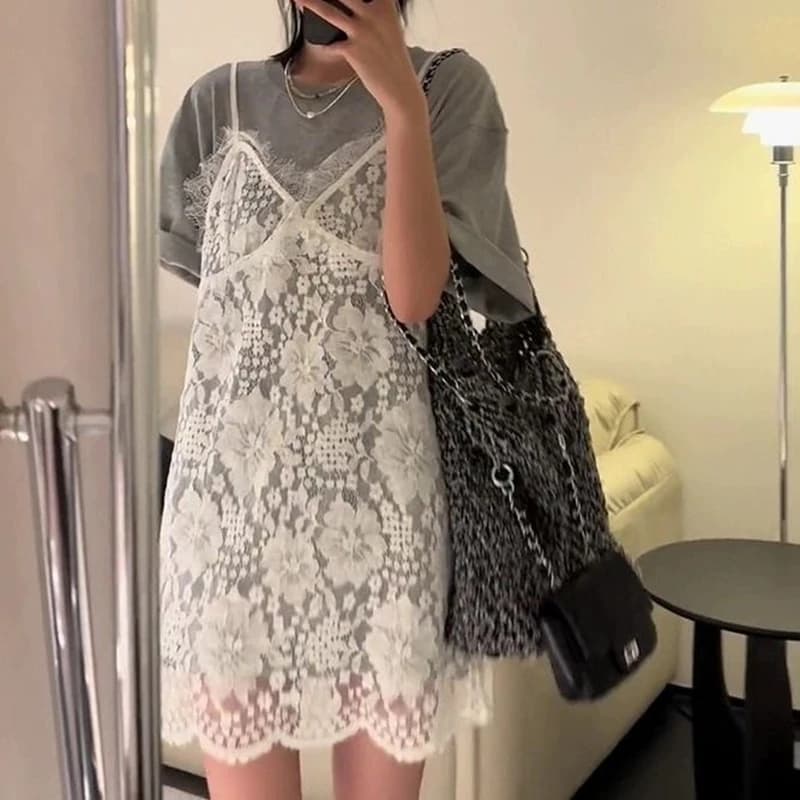 Abito sottoveste in pizzo con occhielli bianchi con scollo a V Abito estivo trasparente in un unico pezzo da donna Elegante abito corto coprente senza maniche da donna