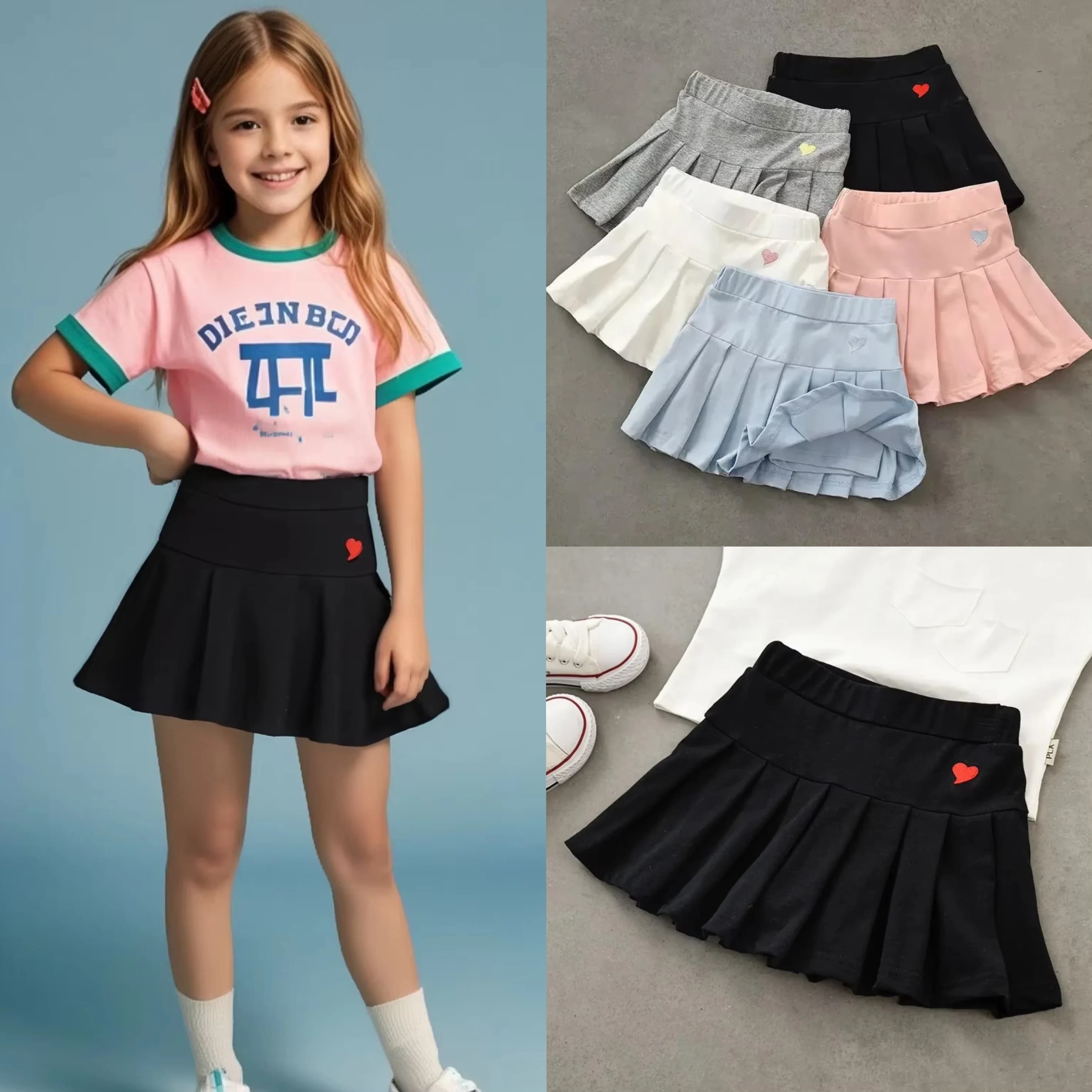 JK Gonna Pantaloncini Minigonna per bambini Estate Ragazze Colore caramella Design a cuore ricamato Semplice gonna a pieghe Design di pantaloni di sicurezza