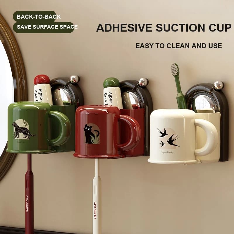 Suction Cup Toothbrush Holder Set – Wall Mount Rack for Cups, Bathroom Storage Organizer, No-Drill Sink Caddy