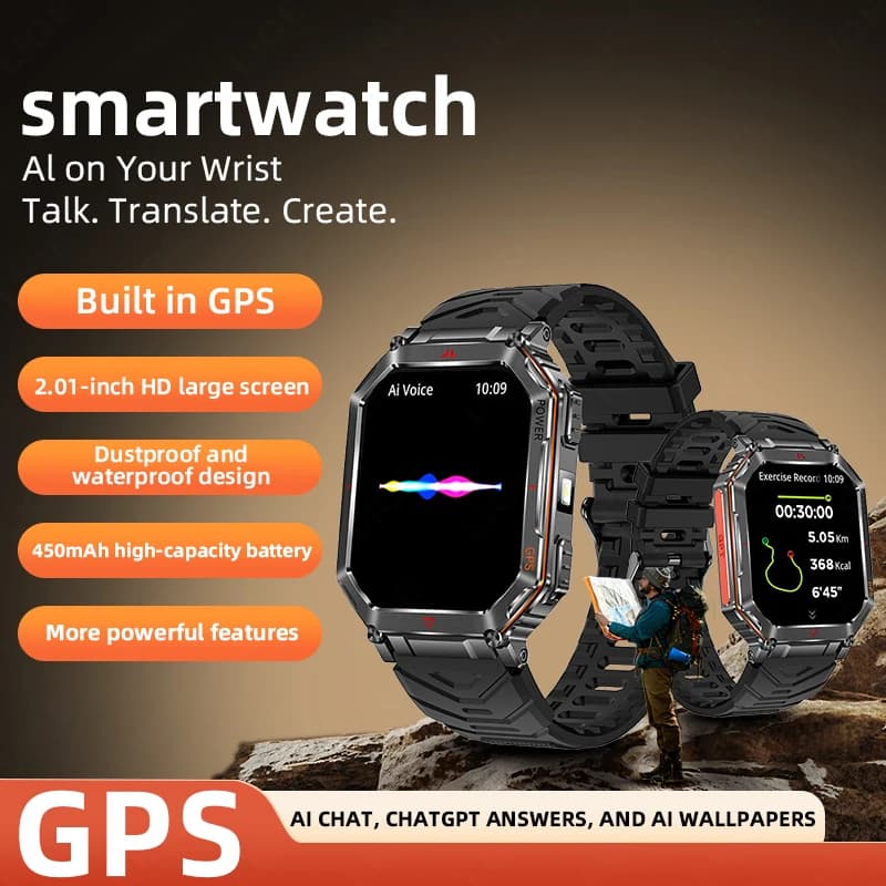 New GPS Tracker Smart Men's Watch Compass 450mAh Battery Sports Watch Barometer 2.01 "Hataphone Bluetooth Smartwatch