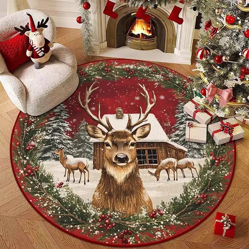 Confezione regalo di ghirlande festive di Natale, tappeto rotondo rosso scuro, renna da cabina innevata, decorazione domestica antiscivolo per soggiorno
