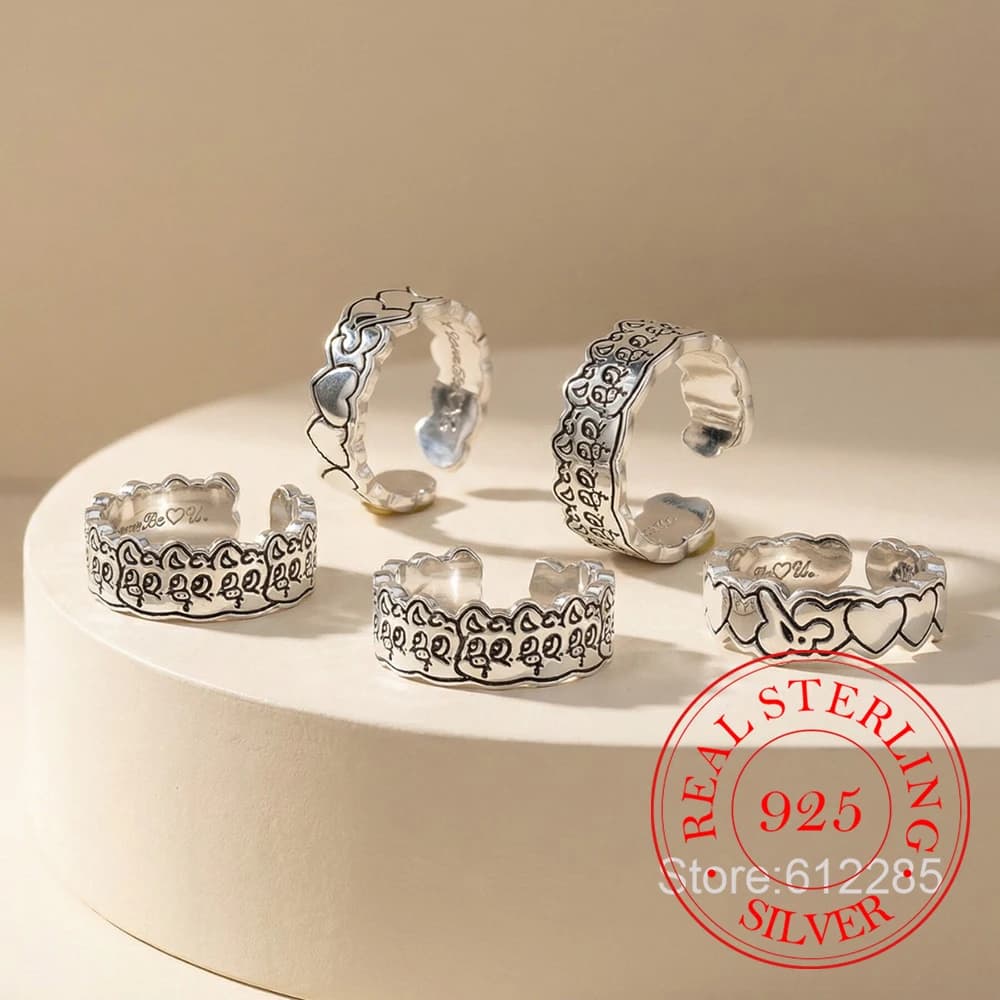 Gioielli in argento sterling 925, anelli vintage con graffiti a forma di maialino e cuore per donne, gioielli da festa di matrimonio, regalo per amiche.