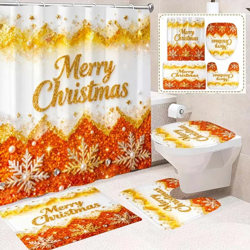 2D Flat, 4pcs Christmas 2D Bathroom Set, Featuring High-quality Bathroom Decorations and Accessories, Including a Non-slip Bath Mat, a U-shaped Floor Mat, a Toilet Seat, and a Shower Curtain with 12 Hooks.