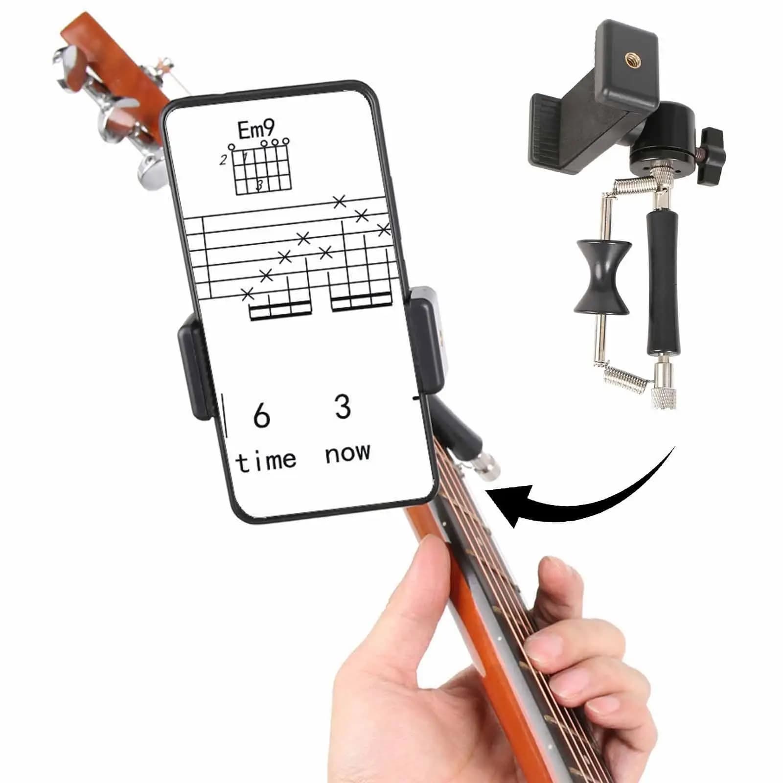 Sliding guitar stand with telephone support, rope instrument accessory, smartphone cap for acoustic and electric guitar