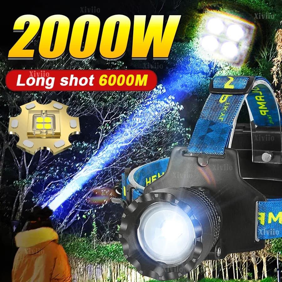 Potente Torcia Frontale LED 2000W Ricaricabile USB, Faro a Lunga Portata 6 KM, Torcia da Testa per Pesca e Caccia