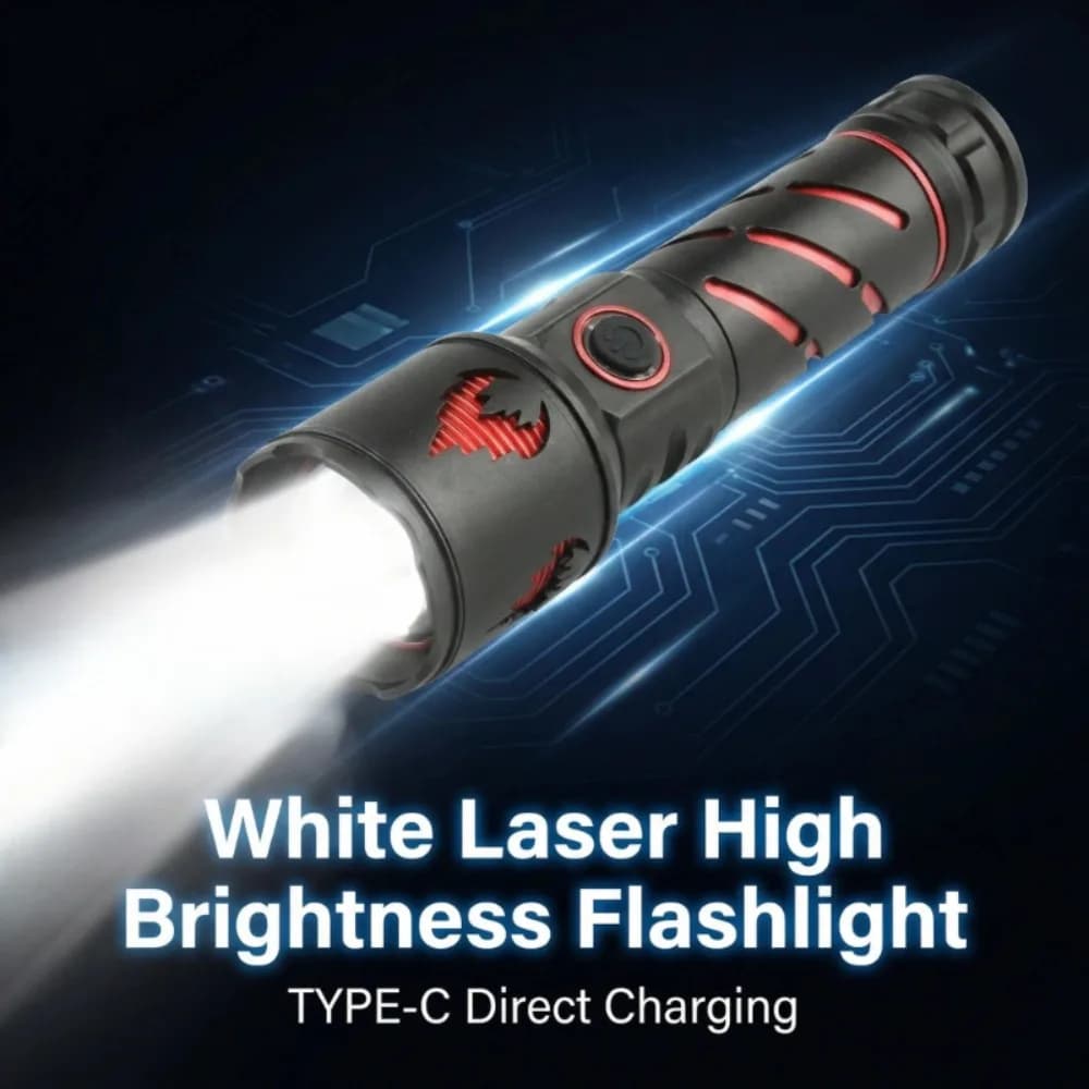Torcia LED Laser Bianca ad Alta Luminosità, Zoom Telescopico, Ricarica Type-C, in Lega di Alluminio, Impermeabile, per Campeggio e Attività all'Aperto