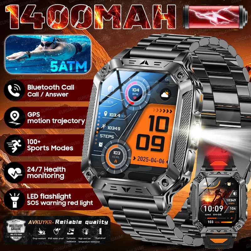 2026 New Outdoor Durable Military Men Watch Smart 1400mAh Battery 5ATM Nuoting LED Flashlight + SOS Red Light Smartwatch Sports Call