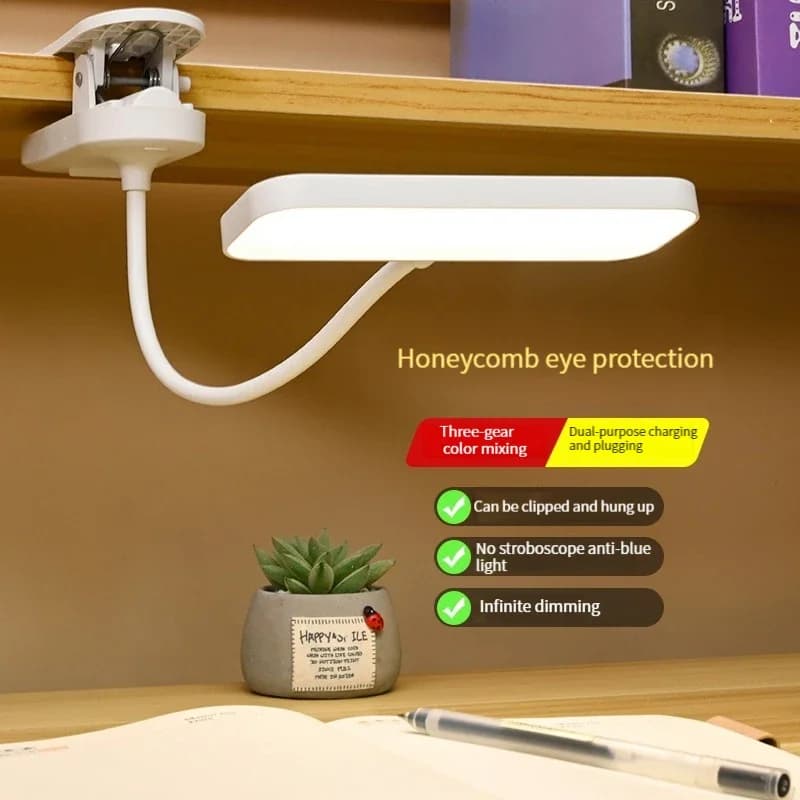 Lampada da scrivania a clip con cura degli occhi, luce LED dimmerabile ricaricabile tramite USB e plug-in, lampada da studio regolabile per dormitorio universitario, camera da letto