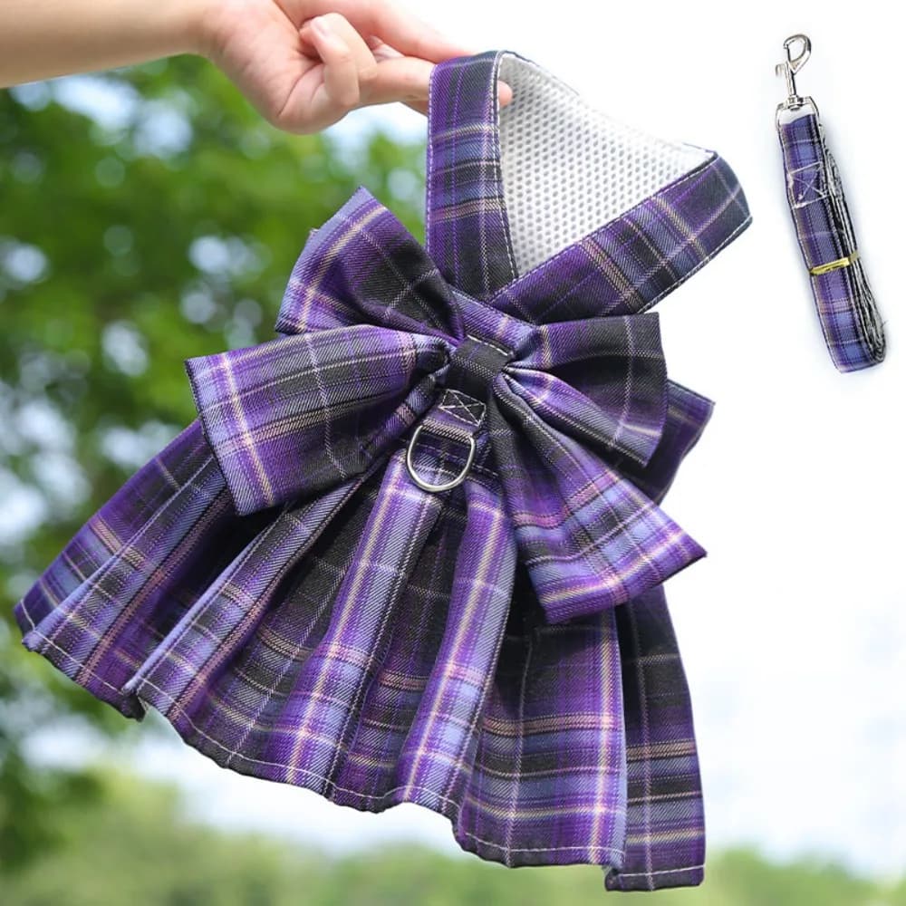 Nuovo Set Regolabile per Cani: Pettorina in Rete Traspirante con Fiocco e Fantasia Scozzese, con Guinzaglio, Comoda Pettorina per Cani, Accessori per Animali Domestici